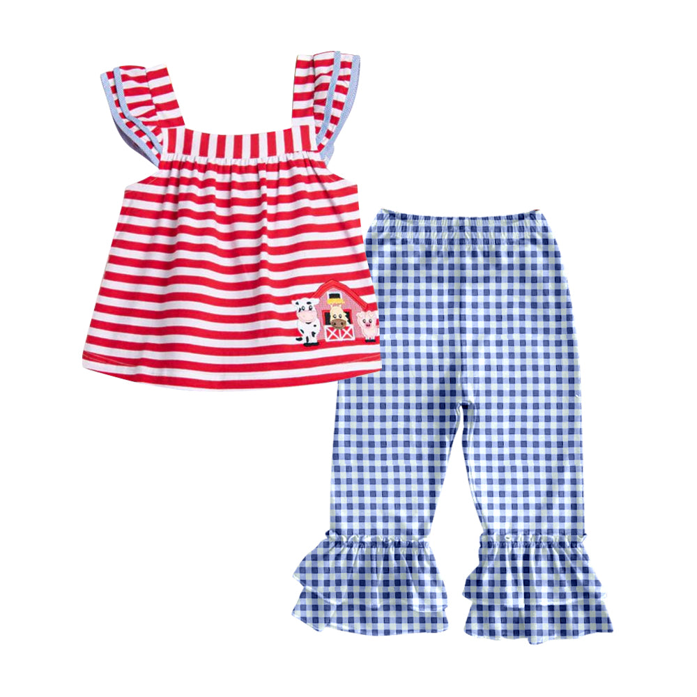 preorder GSPO2023 farm house cow animals red striped flutter sleeve blue checkered pants girls set