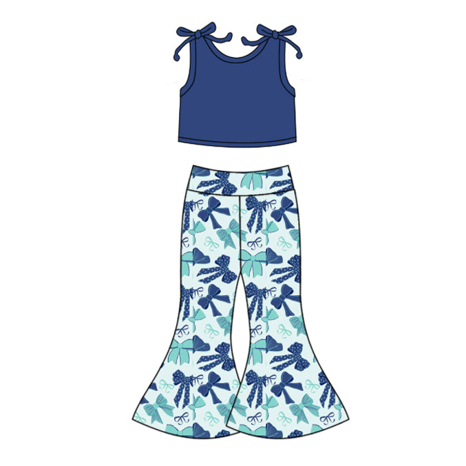 preorder GSPO2036 navy blue sleeveless blue bows pants girls set