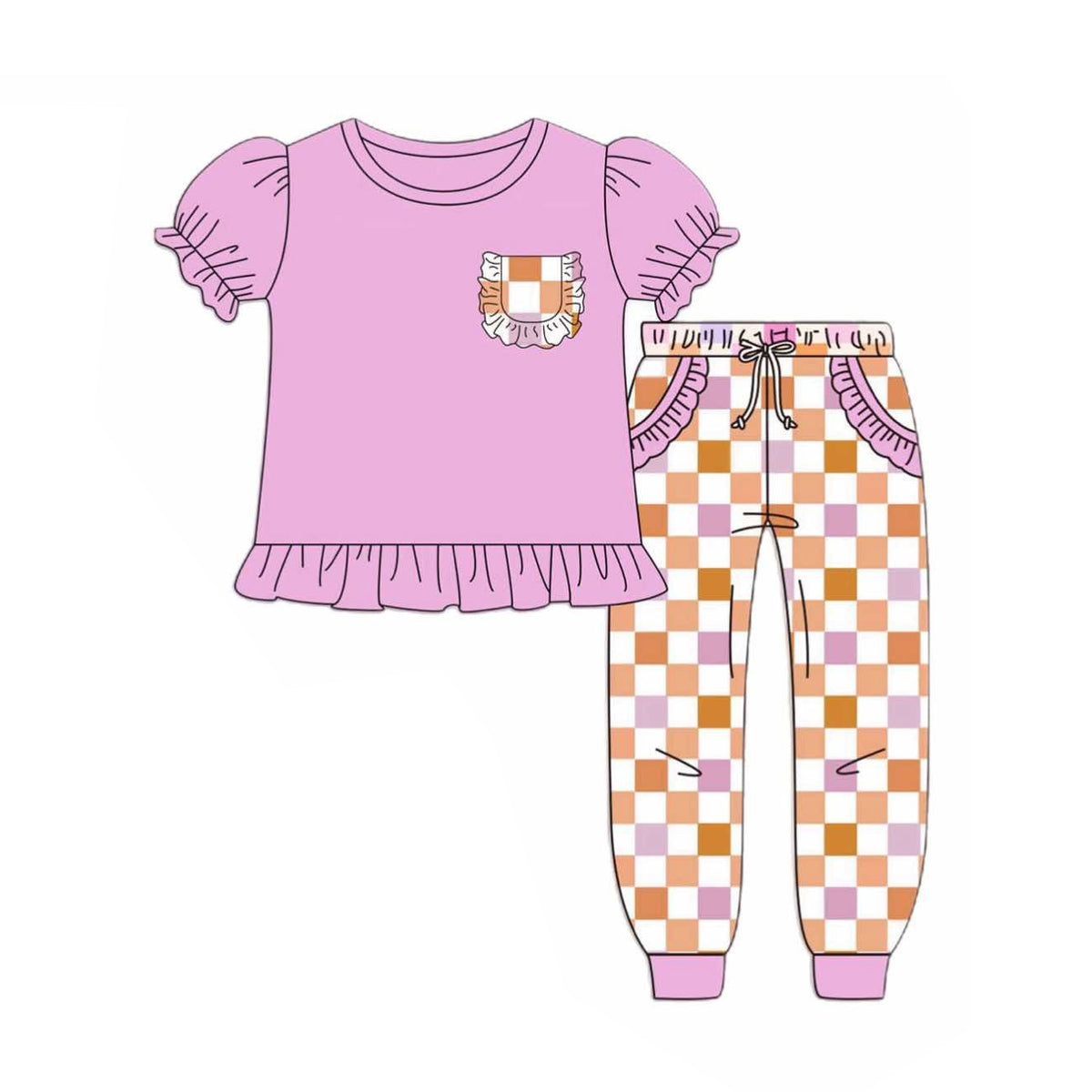 preorder GSPO2041 hot pink pocket short sleeve checkered pants girls set