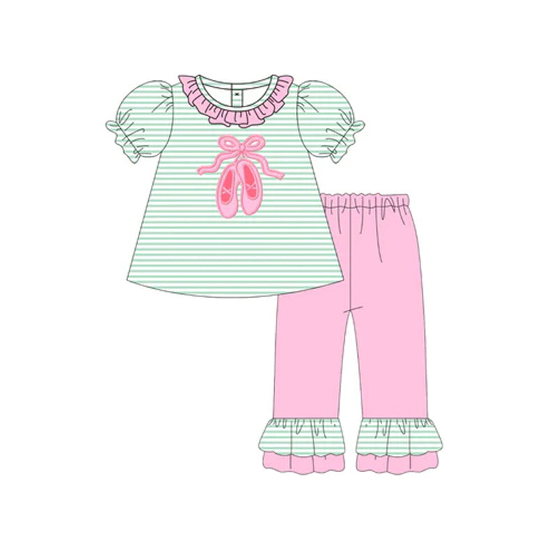 preorder GSPO2045 dance shoe green striped short sleeve pink pants girls set