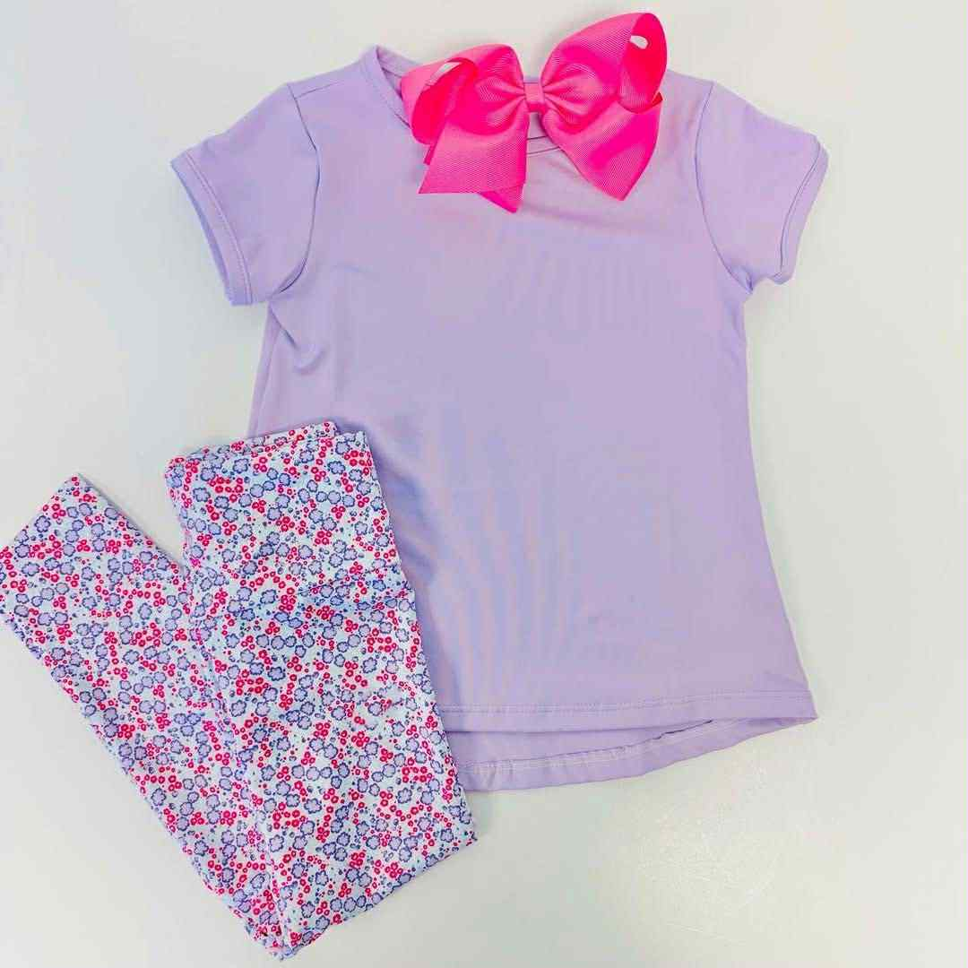 preorder GSPO2046 purple short sleeve red purple flowers floral pants girls set
