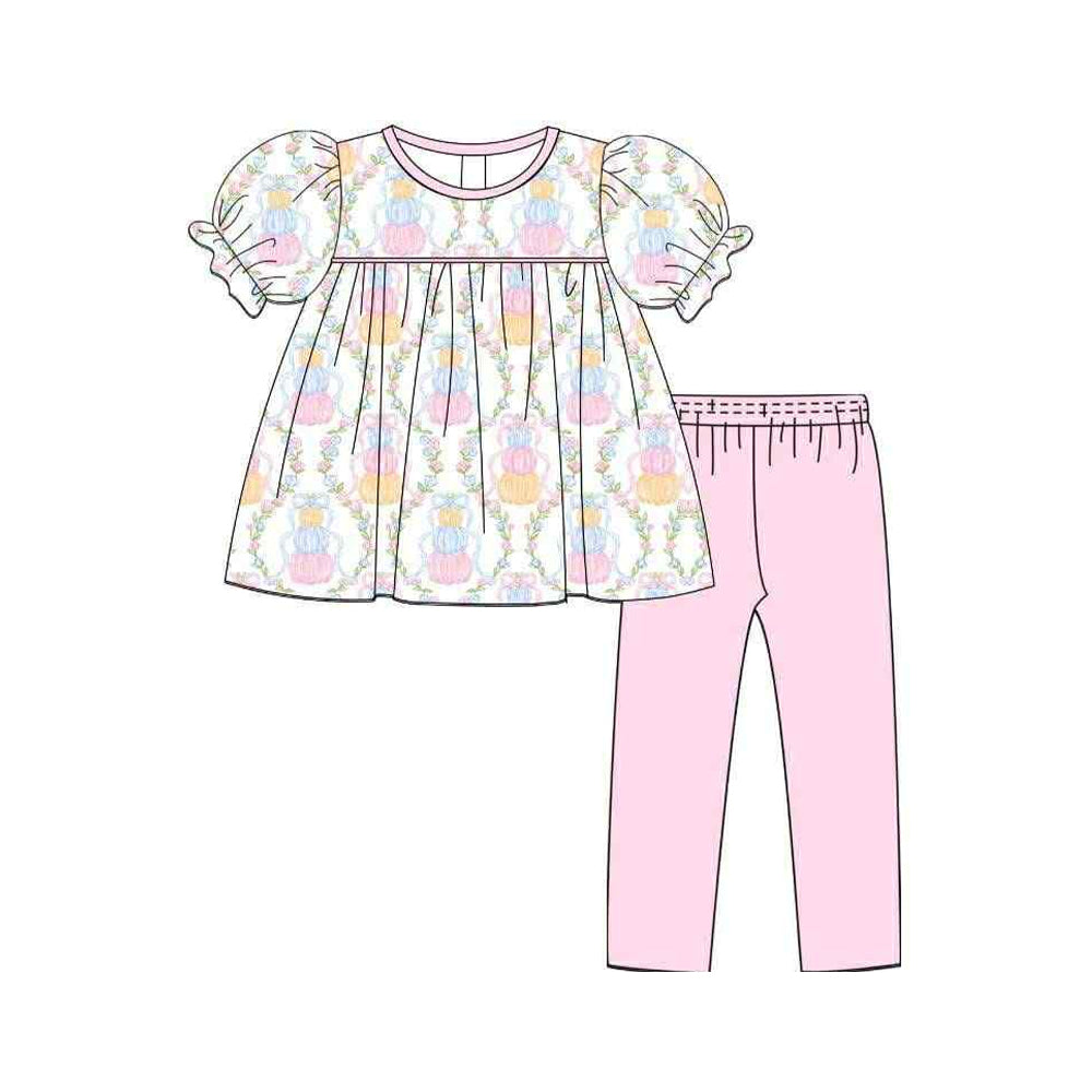 preorder GSPO2047 pink/blue/orange pumpkin bows flowers short sleeve pink pants girls set