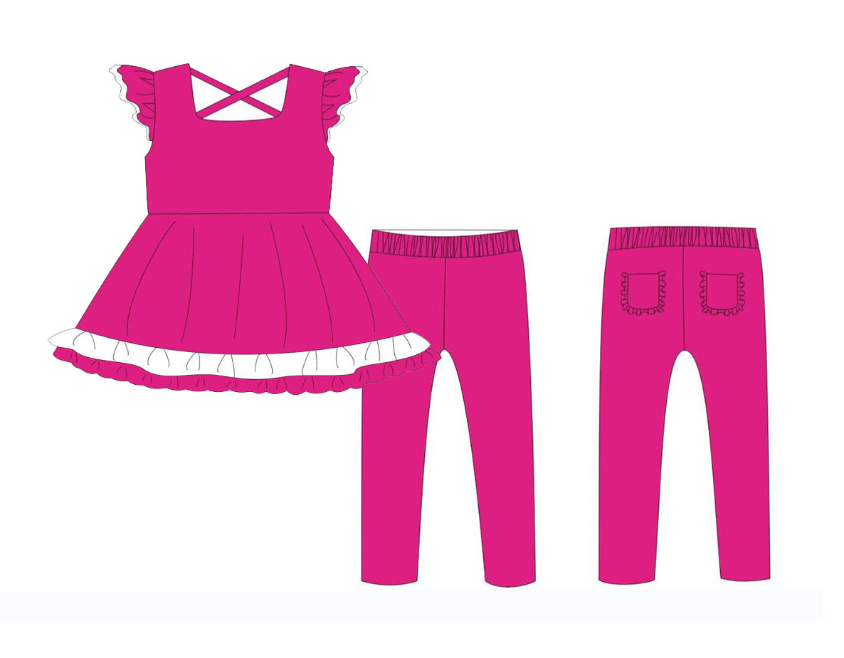 preorder GSPO2049 hot pink flutter sleeve pants girls set