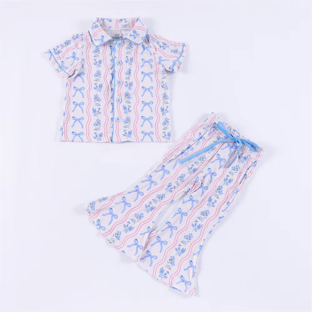 preorder GSPO2052 blue flowers bows short sleeve pants pink striped grils pajamas
