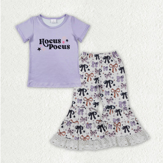 GSPO2064 Halloween witch purple short sleeve bows lace pants girls set