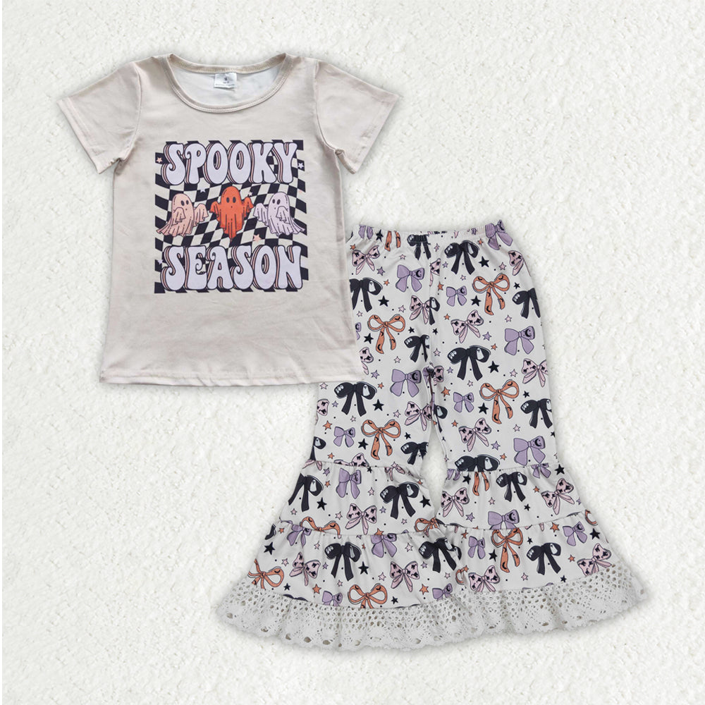 GSPO2066 Halloween spooky season short sleeve bows lace pants girls set