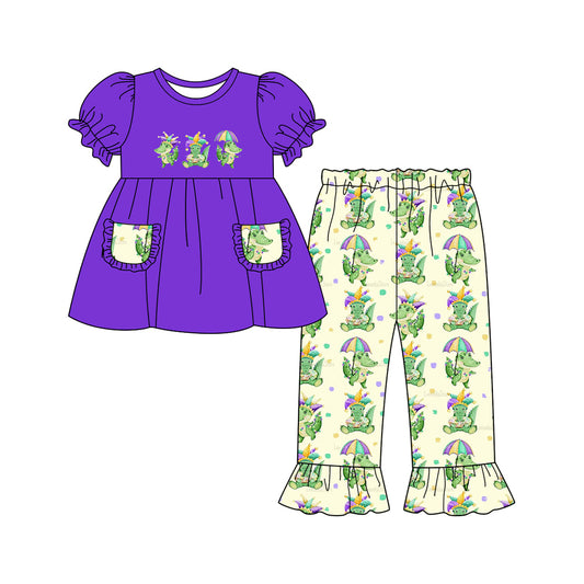 preorder GSPO2068 Mardi Gras crocodile hat purple pockets short sleeve pants girls set