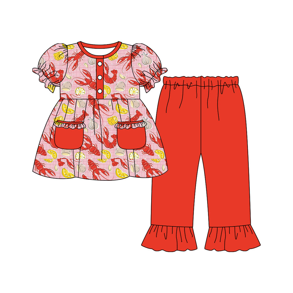 preorder GSPO2073 crayfish corn pockets pink short sleeve red pants girls set