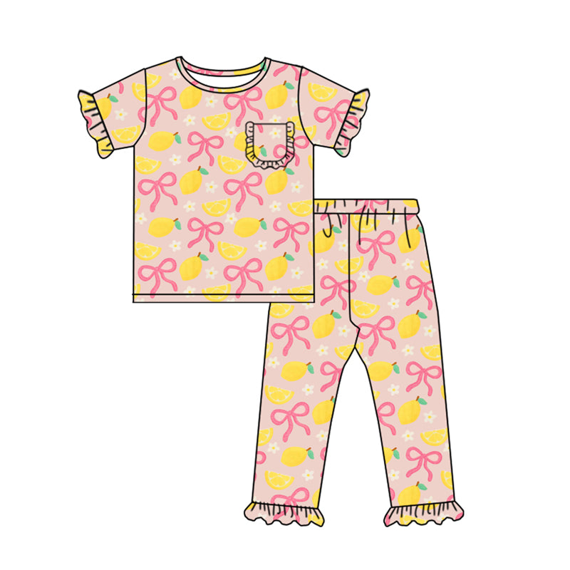 preorder GSPO2074 lemon pink bows flowers pocket short sleeve pants girls pajamas