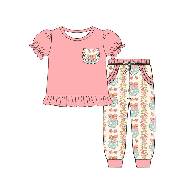 preorder GSPO2075 Easter egg flowers bows pink short sleeve pants girls set