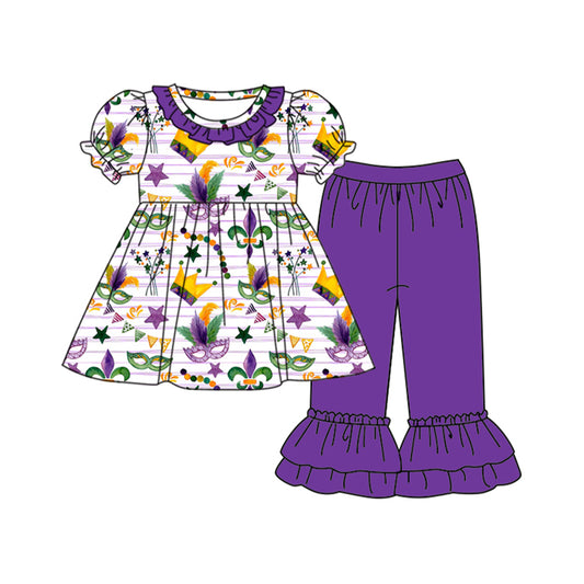 preorder GSPO2076 Mardi Gras mask star yellow purple green short sleeve pants girls set