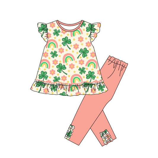 preorder GSPO2078 St Patrick clover flowers rainbows flutter sleeve pink pants girls set