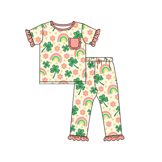 preorder GSPO2079 St Patrick clover flowers rainbows short sleeve pink pants girls pajamas