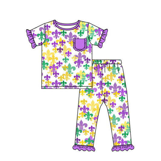 preorder GSPO2080 Mardi Gras yellow green purple pocket short sleeve pants girls pajamas