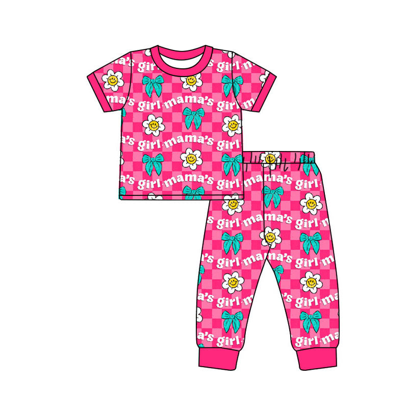 preorder GSPO2084 mama's girl smile flowers bows hot pink checkered short sleeve pants girls pajamas