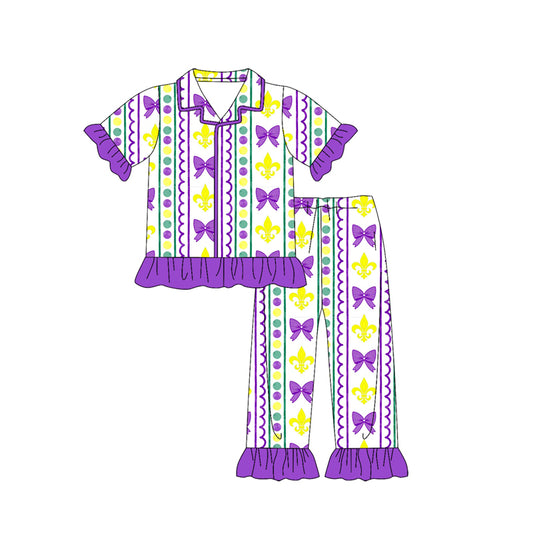 preorder GSPO2085 Mardi Gras yellow purple green bows dot short sleeve pants girls pajamas