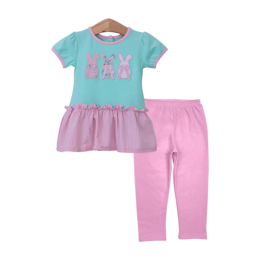 preorder GSPO2087 Easter rabbit bunny blue short sleeve pink pants short sleeve girls set