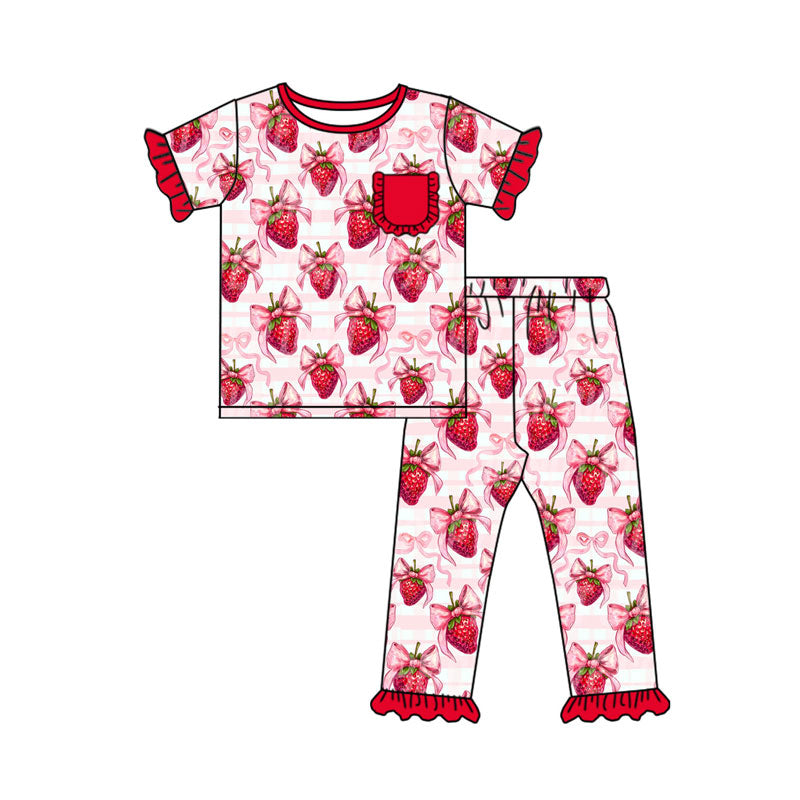 preorder GSPO2089 Valentine's Day strawberry bows red pocket short sleeve pants girls pajamas