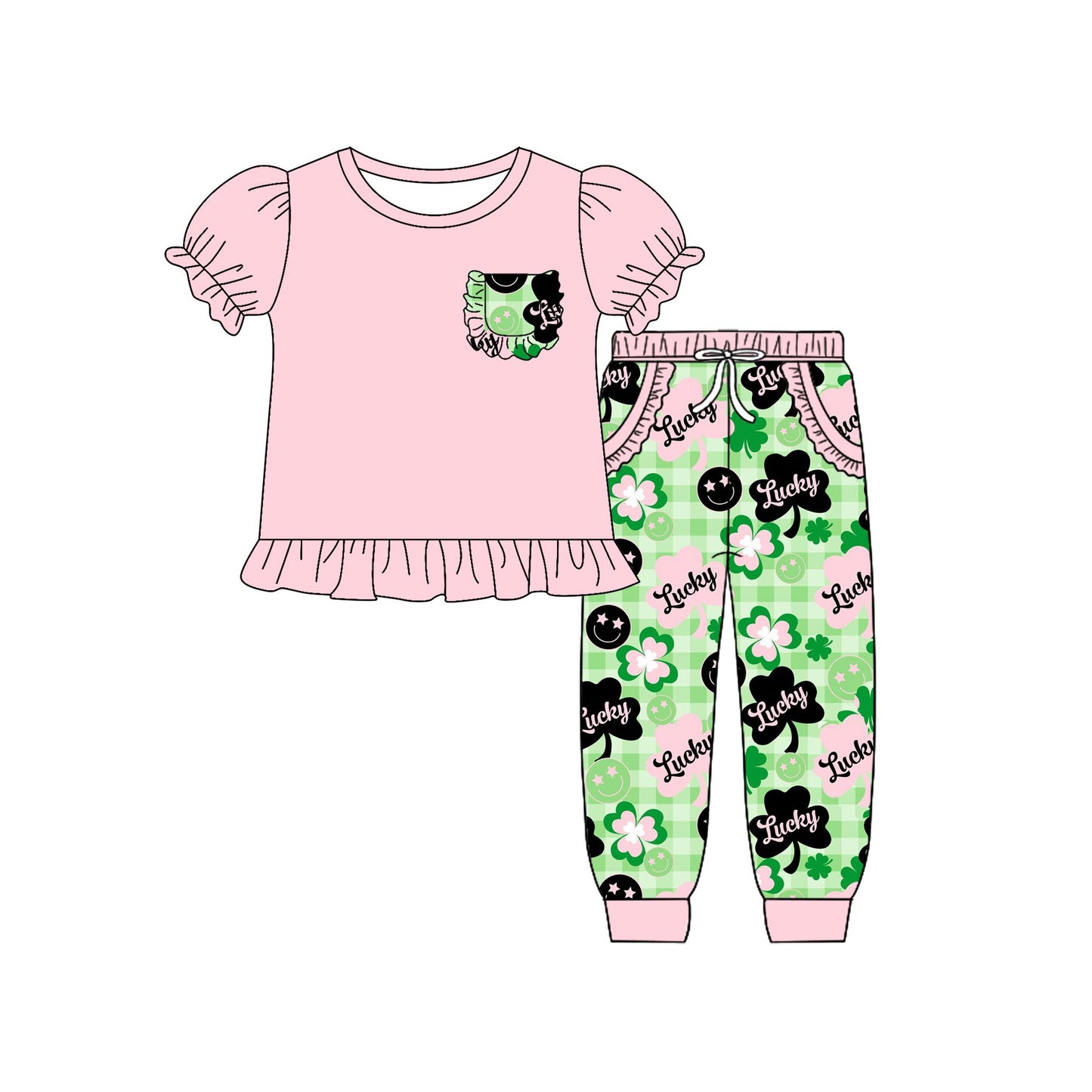 preorder GSPO2090 St Patrick pocket pink short sleeve lucky green checkered pants girls set