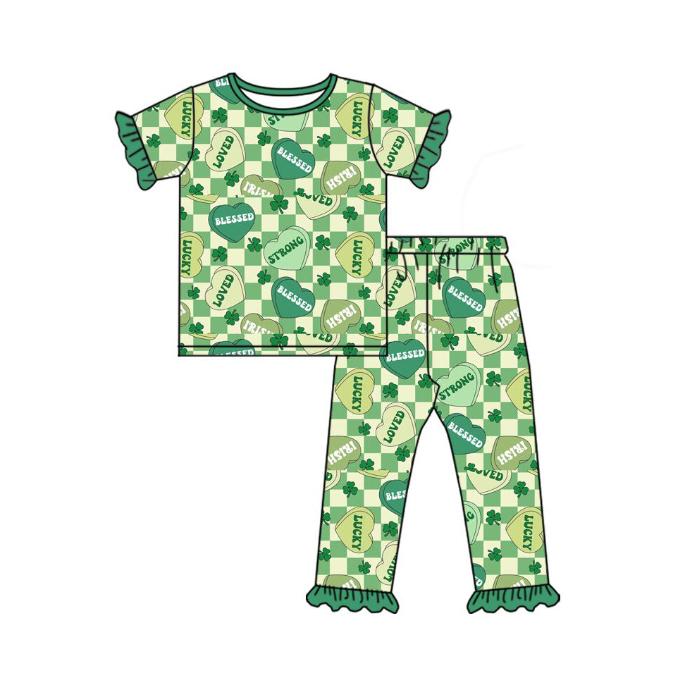 preorder GSPO2091 St Patrick clover strong green checkered short sleeve pants girls pajamas