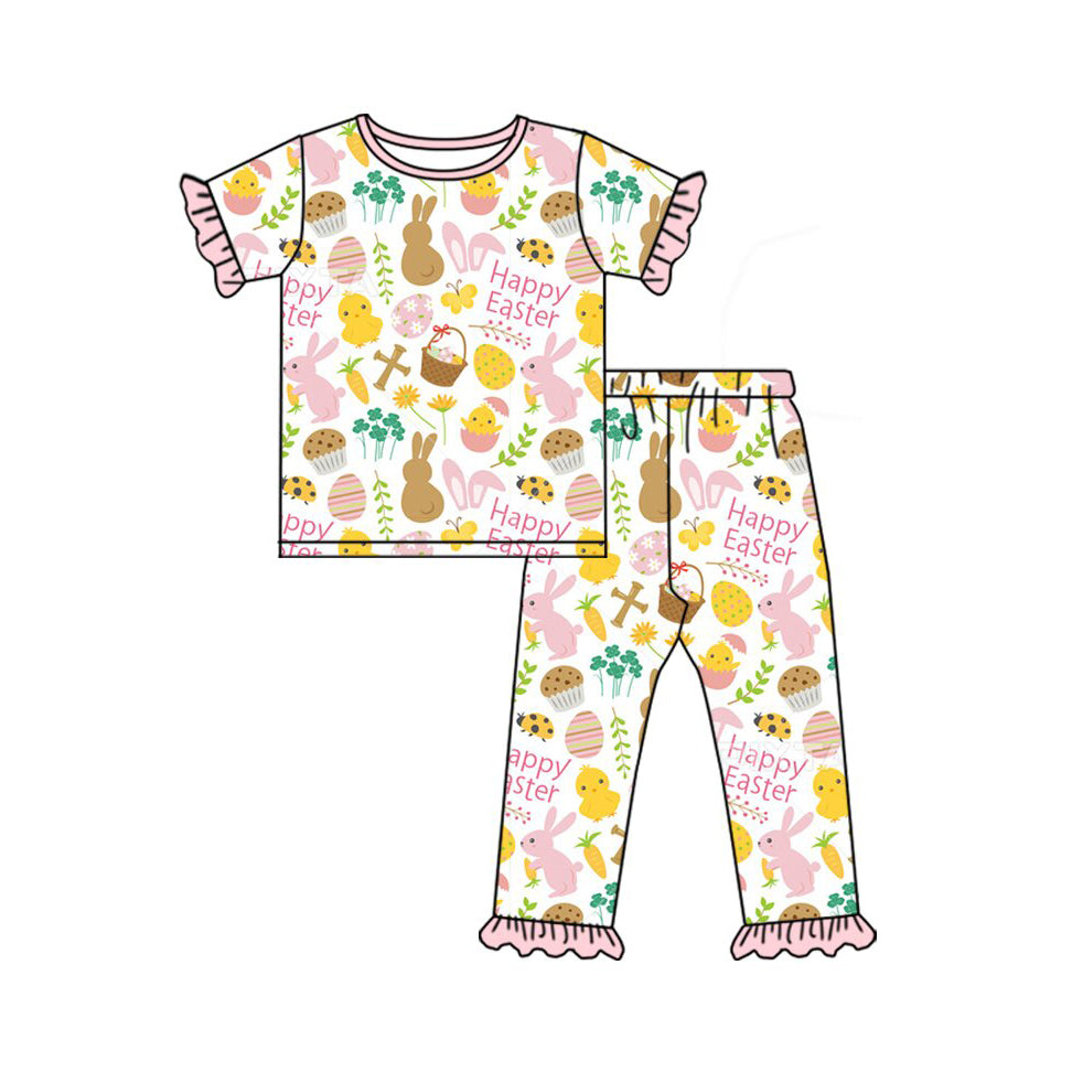 preorder GSPO2092 Happy Easter bunny rabbit flowers egg pink short sleeve pants girls pajamas