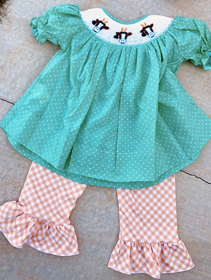 preorder GSPO2095 farm cow green dot short sleeeve pink checkered pants girls set