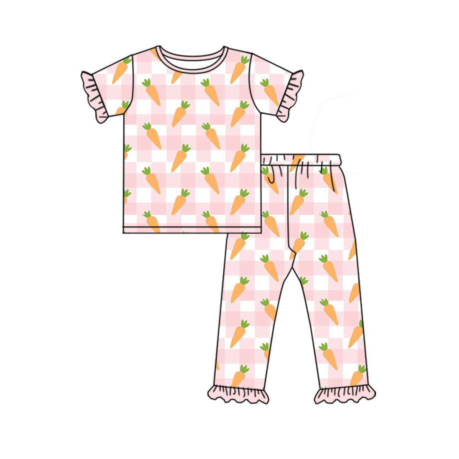 preorder GSPO2096 Easter carrot pink checkered short sleeve pants girls pajamas