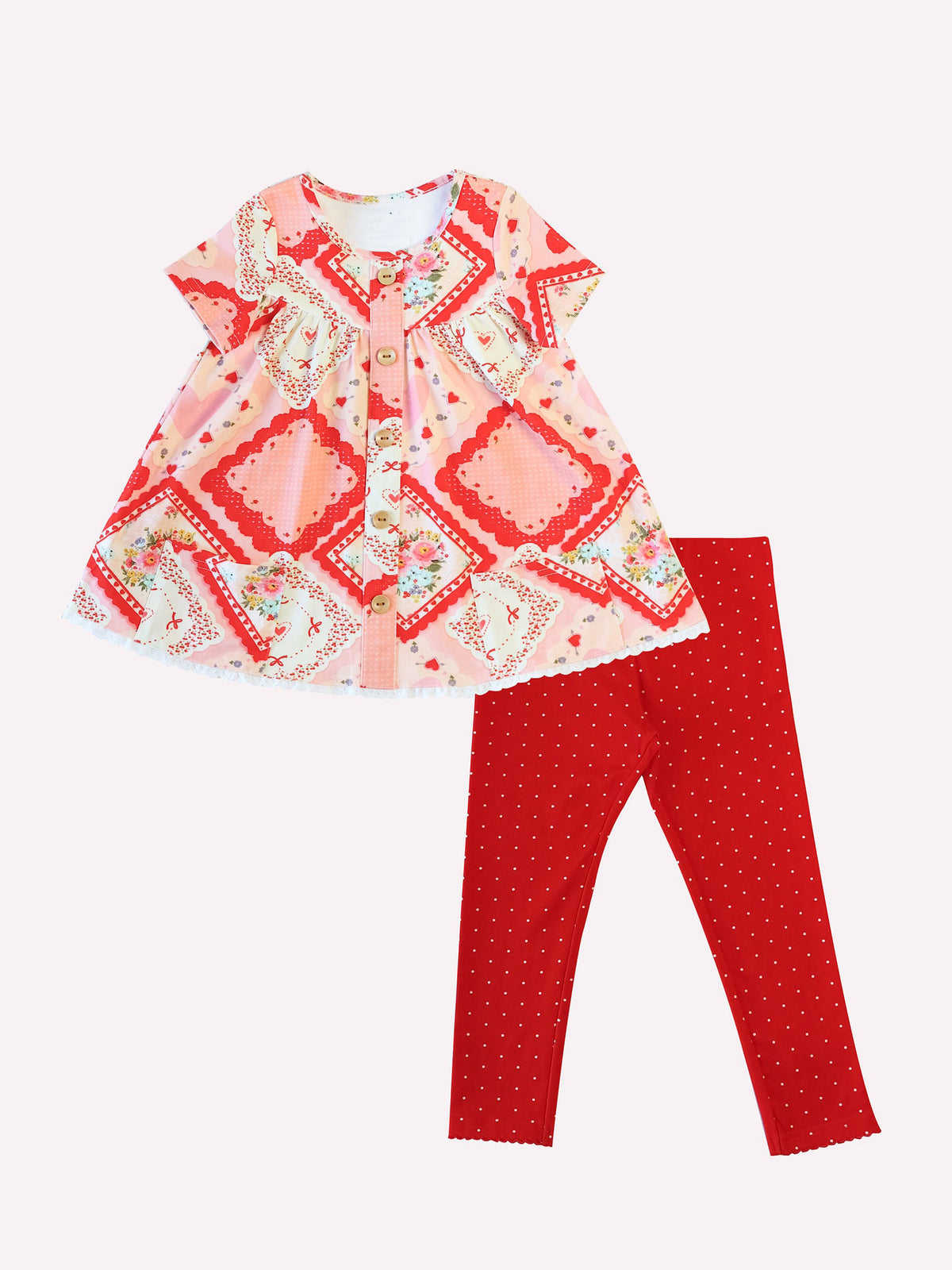 preorder GSPO2098 Valentine's Day flowers heart short sleeve red dot pants girls set