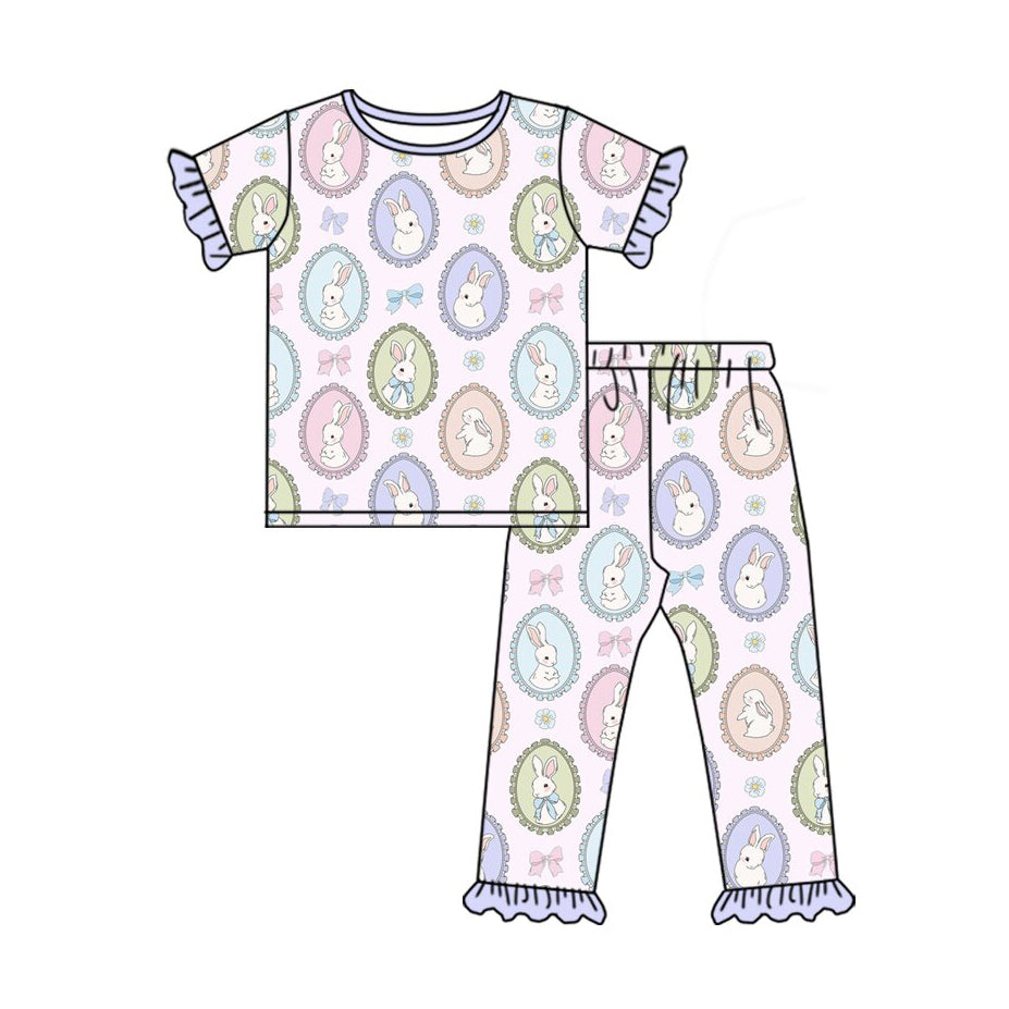 preorder GSPO2099 Easter bunny rabbit colorful bows purple short sleeve pants girls pajamas