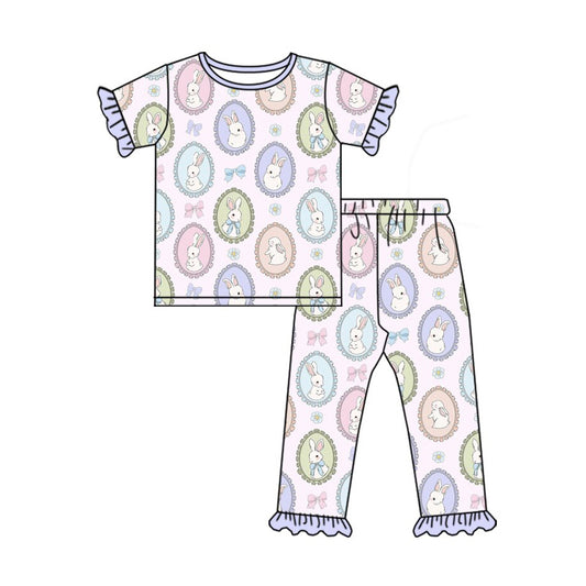 preorder GSPO2099 Easter bunny rabbit colorful bows purple short sleeve pants girls pajamas