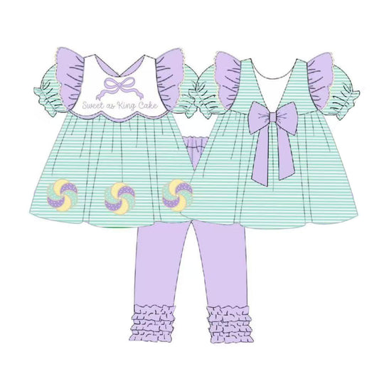 preorder GSPO2113 Mardi Gras sweet as king cake bows short sleeve purple pants girls set
