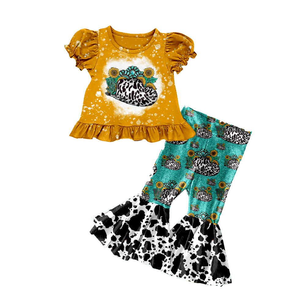 preorder GSPO2115 Western turquoise sunflowers hat orange short sleeve cowprint pants grils set