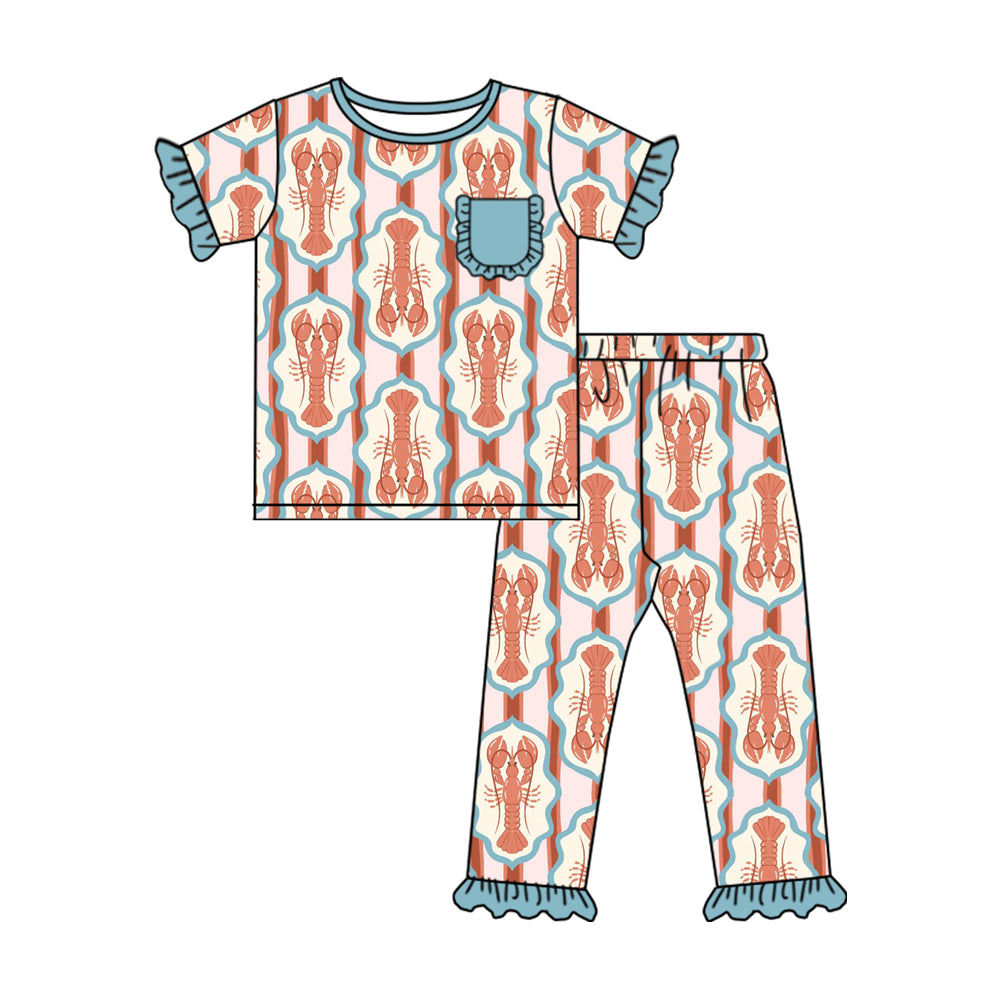 preorder GSPO2118 red crayfish pocket pink blue short sleeve pants girls pajamas