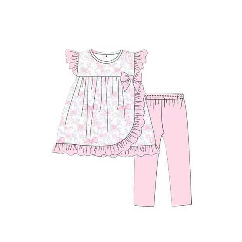 preorder GSPO2119 pink bows flowers flutter sleeve pink pants girls set