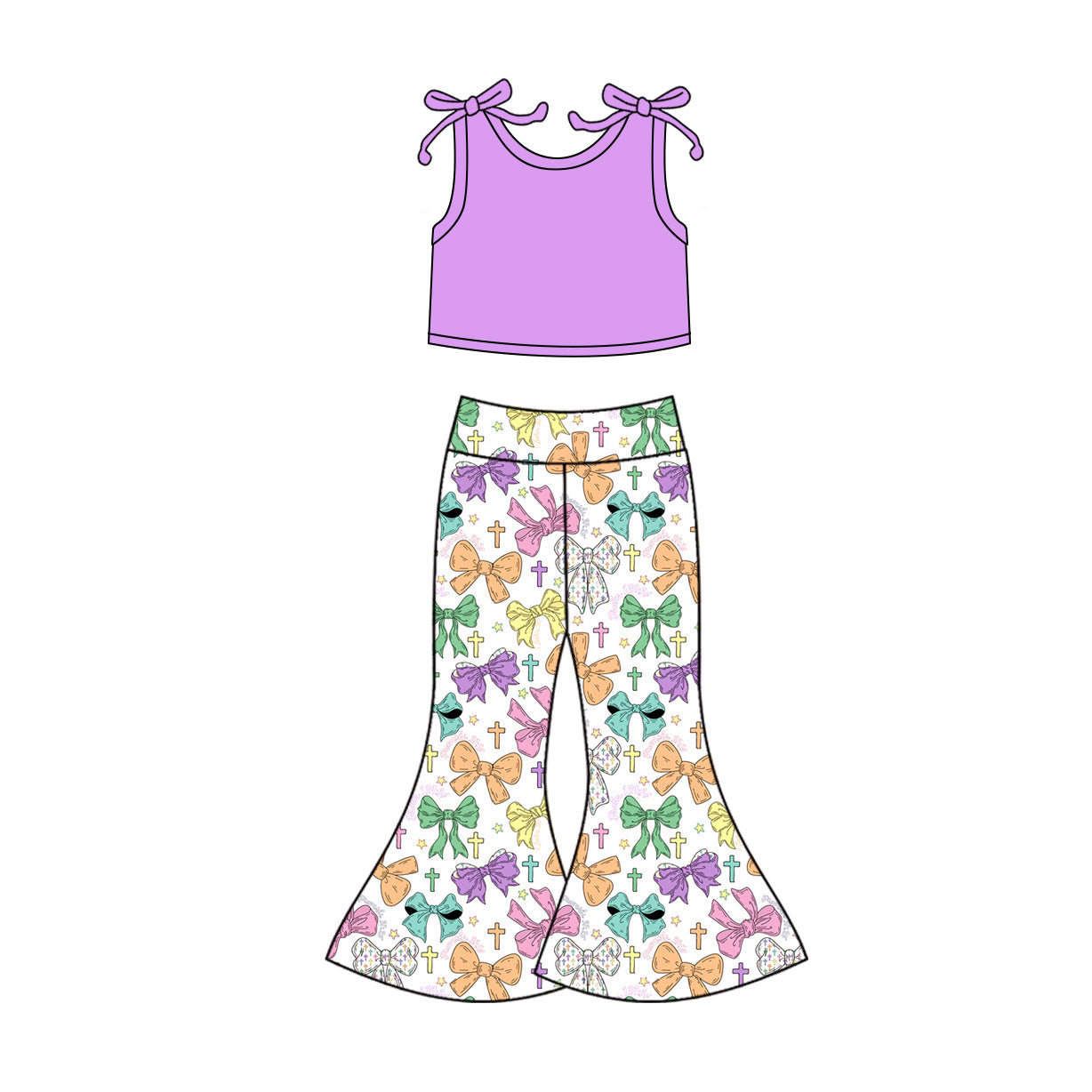 preorder GSPO2124 Easter purple sleeveless cross colorful bows pants girls set