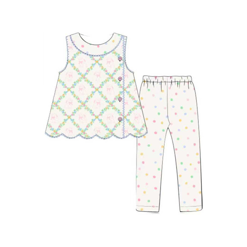 preorder GSPO2126 colorful flowers pink bows sleeveless dot pants girls set