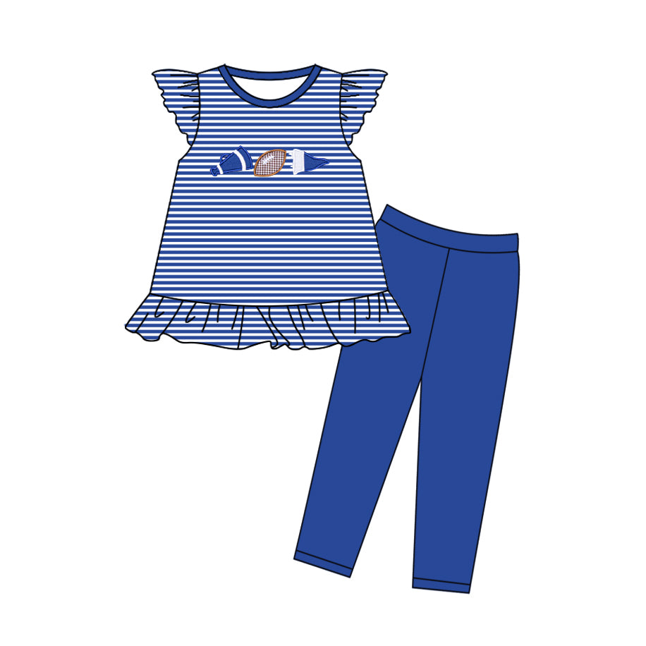 preorder GSPO2132 football navy blue striped flutter sleeve navy blue pants girls set