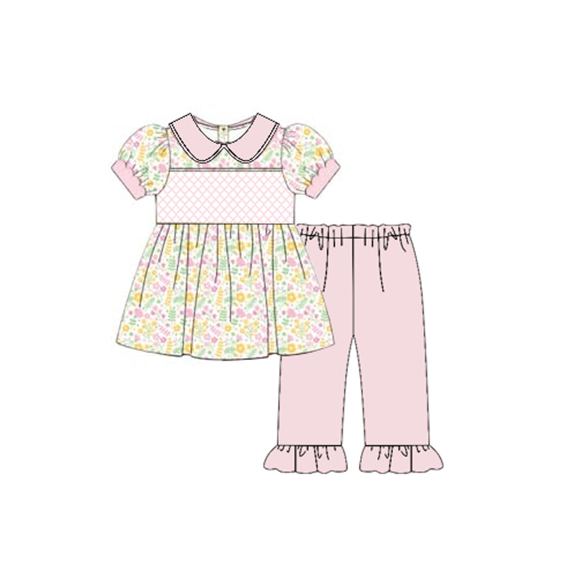 preorder GSPO2135 colorful flowers floral short sleeve pink pants girls set