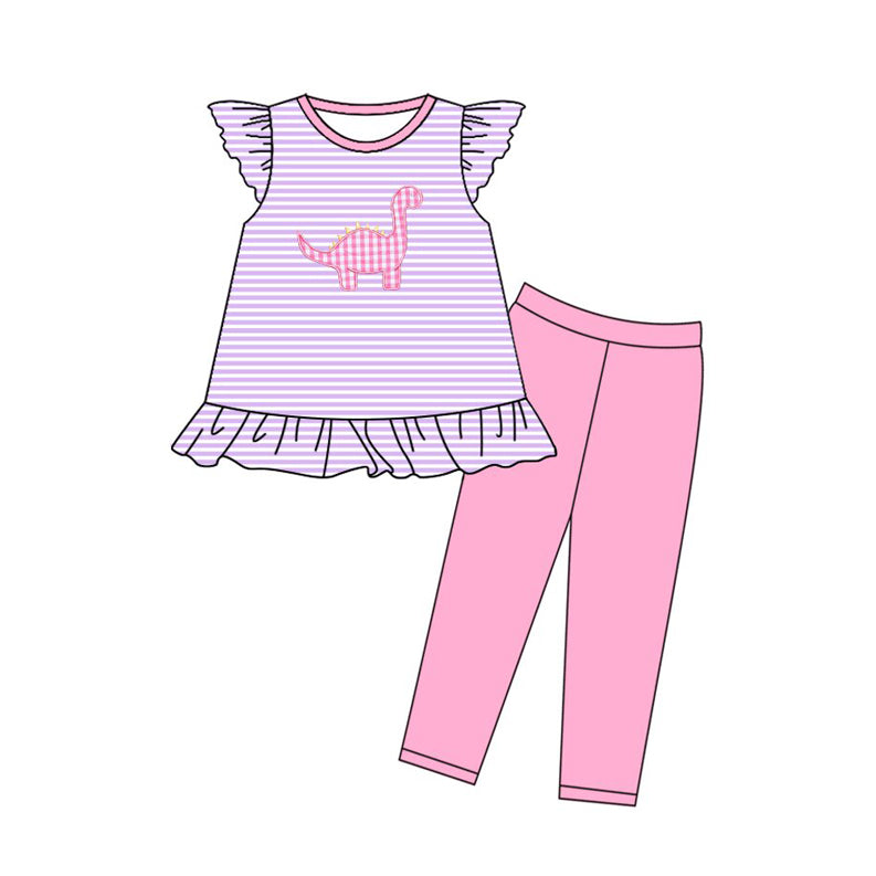 preorder GSPO2138 cute dinosaur pink striped flutter sleeve hot pink pants girls set