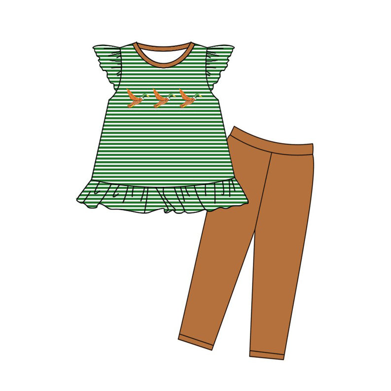 preorder GSPO2139 hunting mallard duck green striped flutter sleeve brown pants girls set