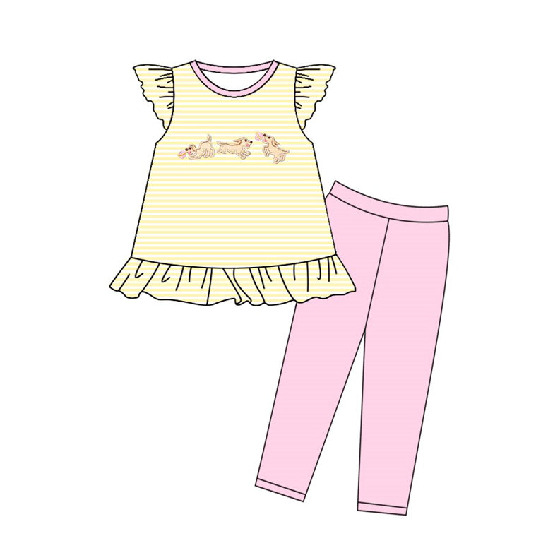 preorder GSPO2140 cute dog yellow striped flutter sleeve pink pants girls set