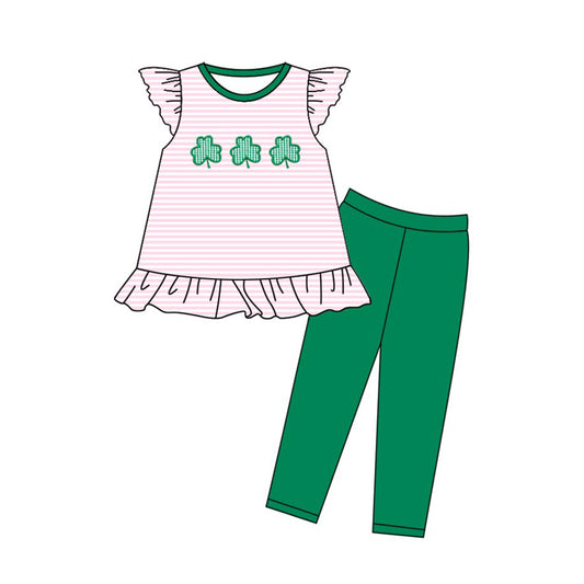 preorder GSPO2141 St Patrick clover pink striped flutter sleeve green pants girls set