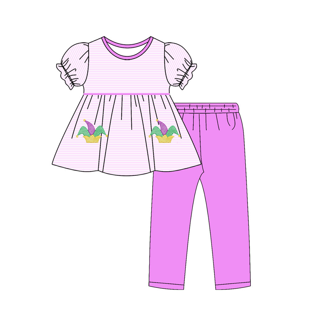 preorder GSPO2142 Mardi Gras pink striped short sleeve pants girls set