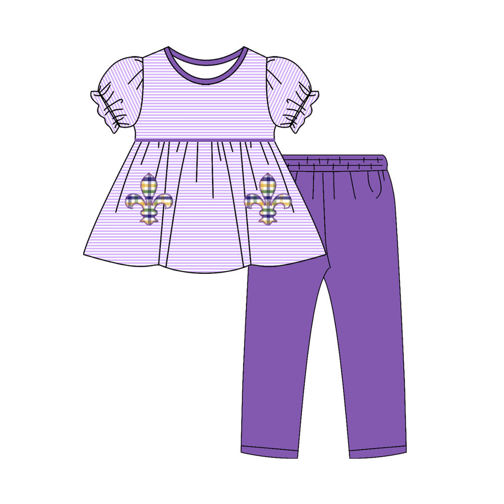 preorder GSPO2143 Mardi Gras purple striped short sleeve pants girls set