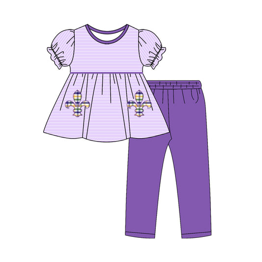preorder GSPO2143 Mardi Gras purple striped short sleeve pants girls set