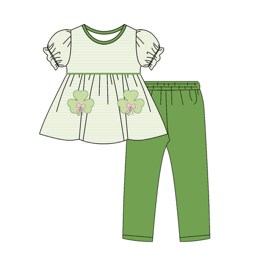 preorder GSPO2145 St Patrick clover green striped shrot sleeve green pants girls set