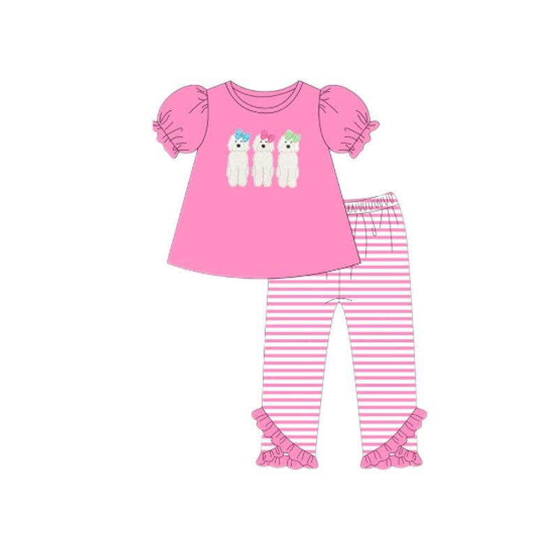 preorder GSPO2147 cute dog bows hot pink short sleeve striped pants girls set