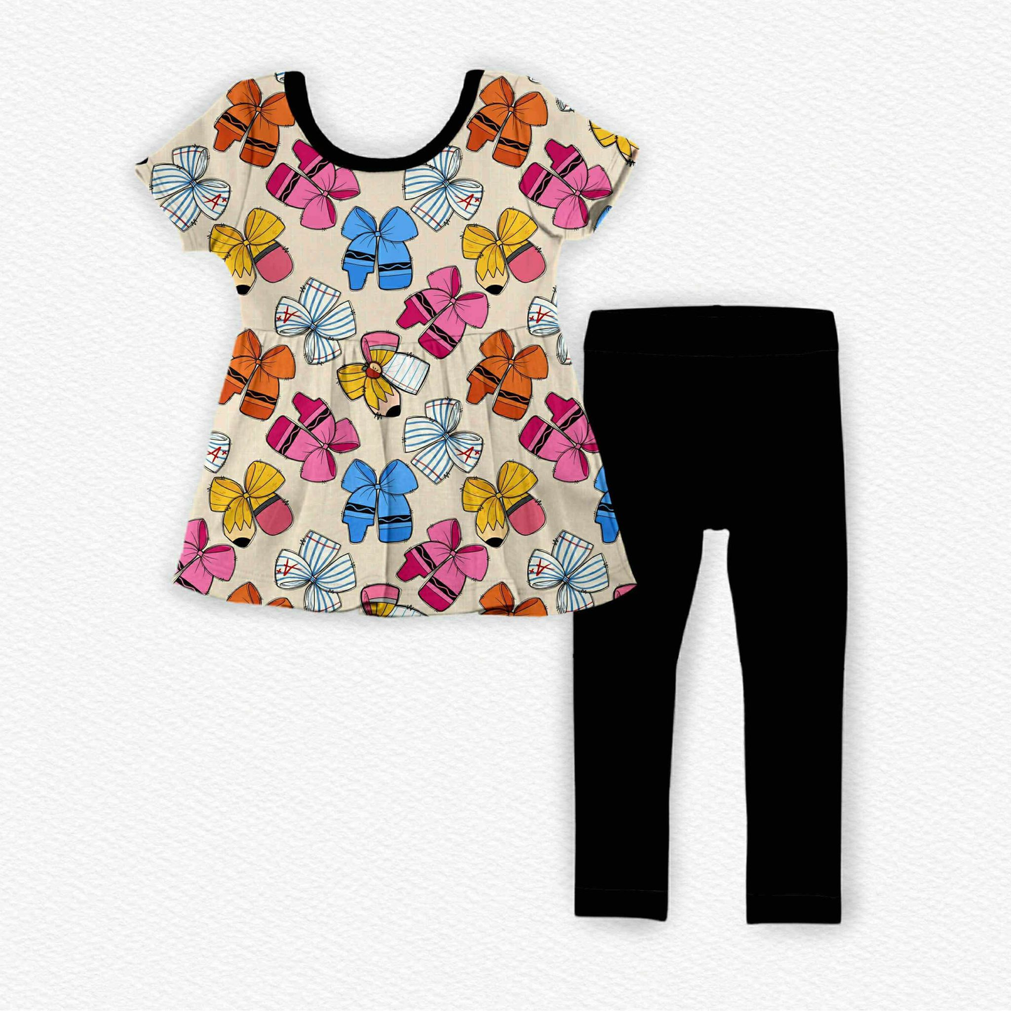 preorder GSPO2149 back to school pen bows short sleeve black pants girls set
