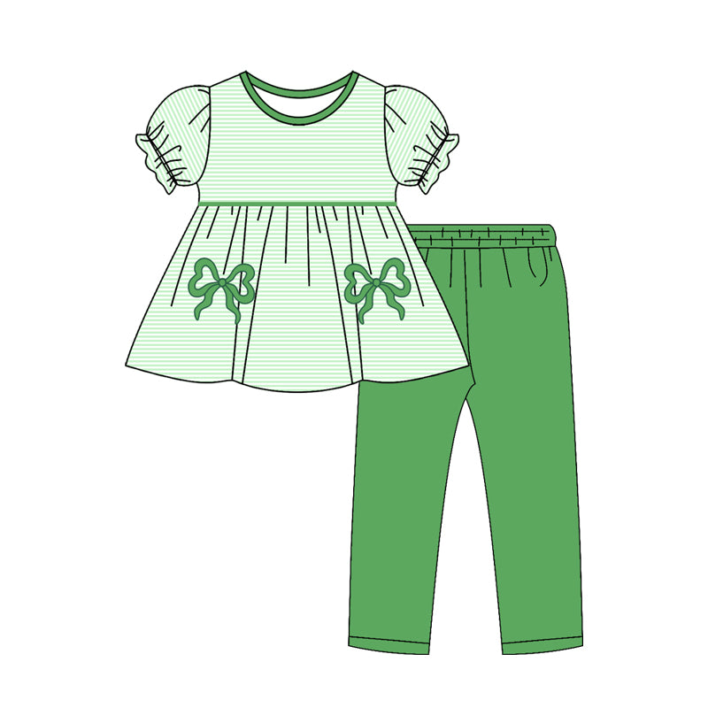 preorder GSPO2154 green striped bows pants girls set