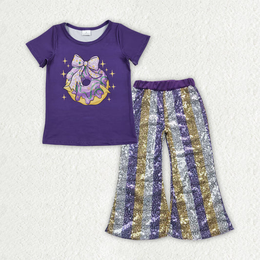 GSPO2160 Mardi Gras Purple Bow Dount Short Sleeve Striped Sequin Pants Girls Set